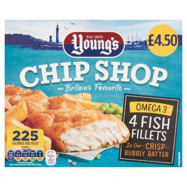 Youngs 4 Battered Fish Fillets Price Marked £4.50